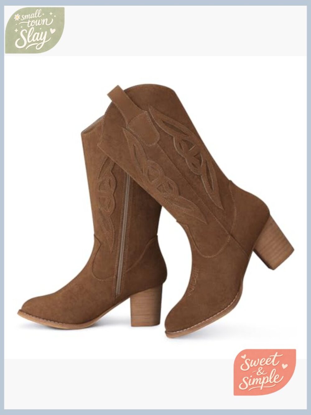 Women's Mid Calf Embroidered Cowboy Booties Pointed Toe Zip - Picture 6 of 7
